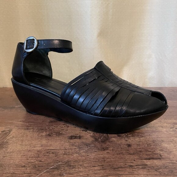 Robert Clergerie Womens Platform Sandal Sz 10 Black Leather Peep Toe Wedge Shoe - Picture 1 of 9